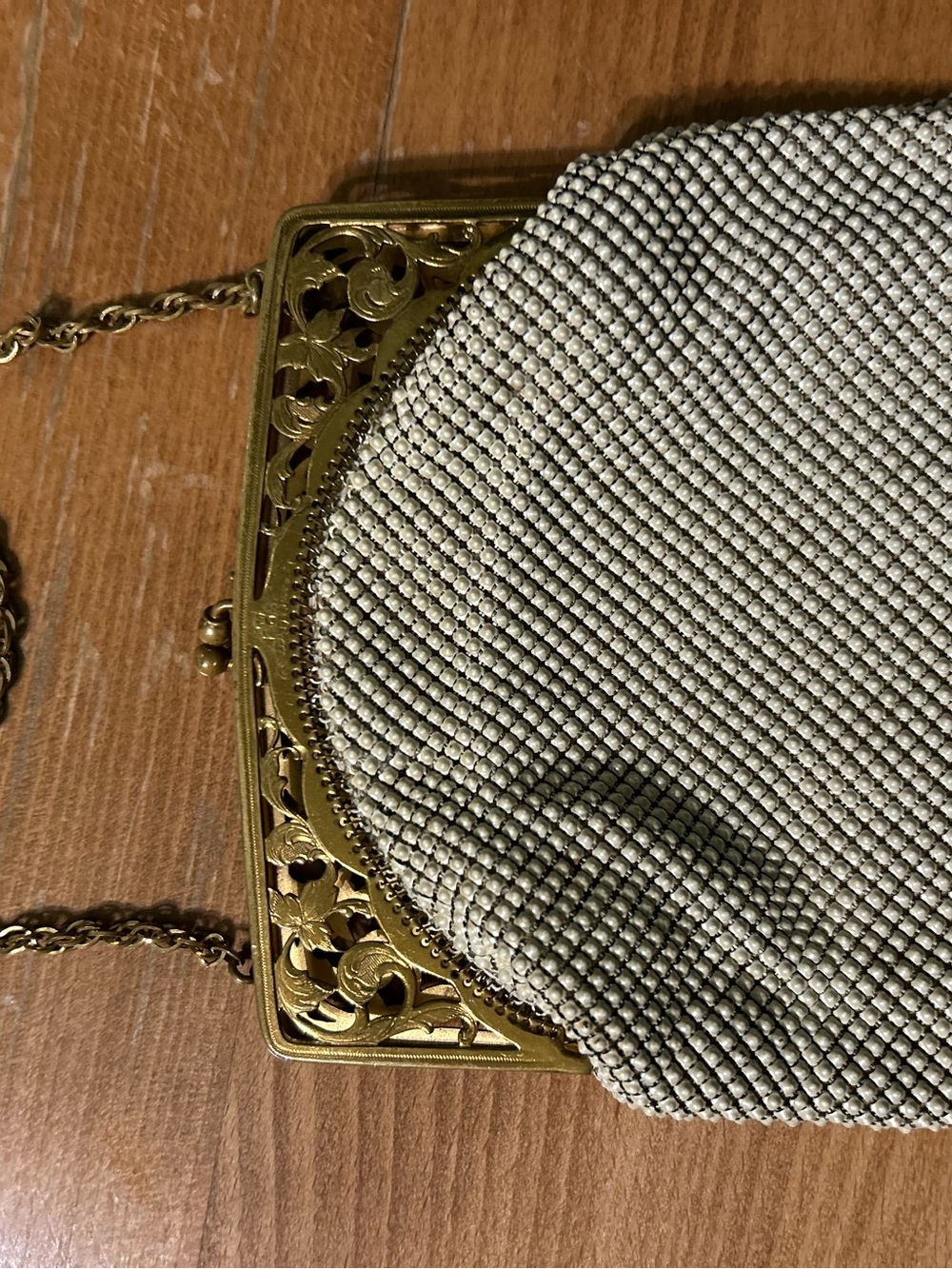 Whiting & Davis Gold Mesh Evening Bag with Ornate Frame